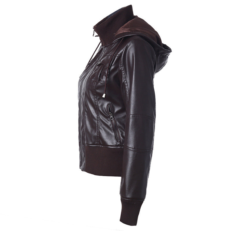 Hooded drawstring high neck zipper PU leather jacket