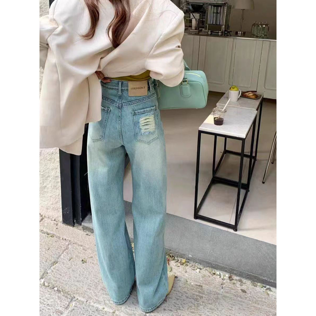 Ripped Narrow Version Wide-leg Loose Drape Mopping Pants Hot Girl High Waist Women's Straight Denim Trousers