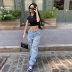 European and American Street Ripped Jeans Women Light Color High Waist