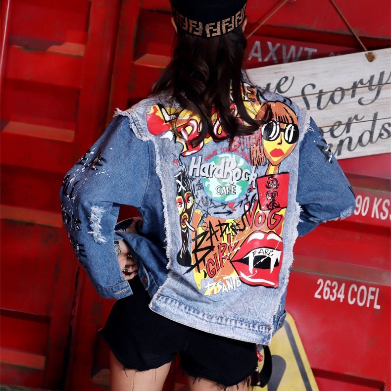 Abstract Print Long-sleeved Denim Jacket