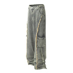 Retro Design Worn Looking Washed-out Burr Cargo Jeans Men