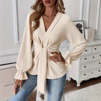 Women's Solid Color Elegant V-neck Long Sleeve Shirt Top