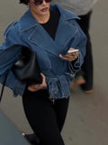 Elegant Belted Cropped Denim Jacket