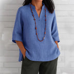Summer Women's Clothing V-neck 34 Sleeves Cotton And Linen Loose Casual Shirt