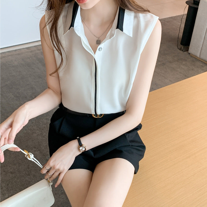 Contrast Color Waistcoat Shirt Women's Outer Wear Shirt Sleeveless Chiffon Comfort And Casual Top