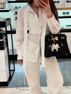 White Linen Tie Long Sleeve Shirt