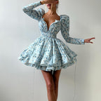 Printed Lace-up Square Collar Long Sleeve Elastic Waist Tulle Tutu Dress