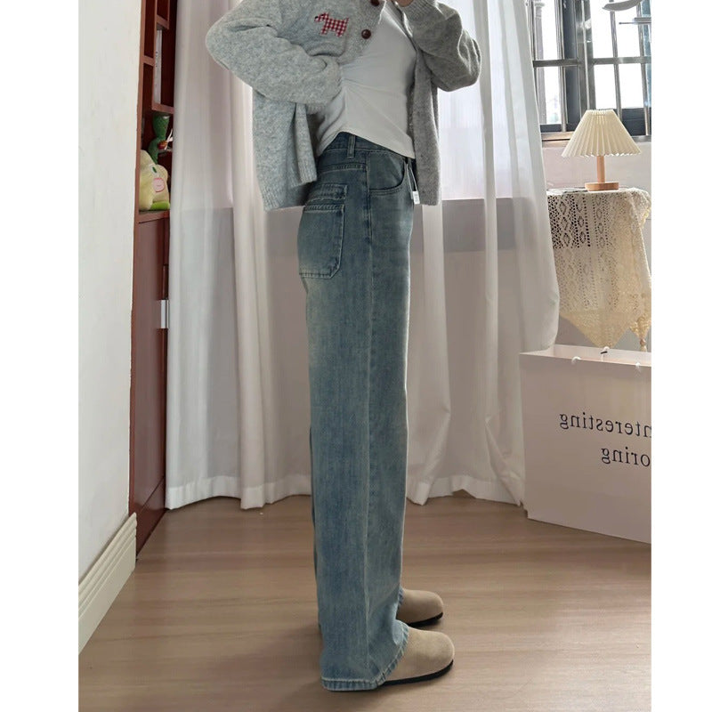 Retro Blue Wide Leg Jeans Women's Spring And Autumn High Waist Loose