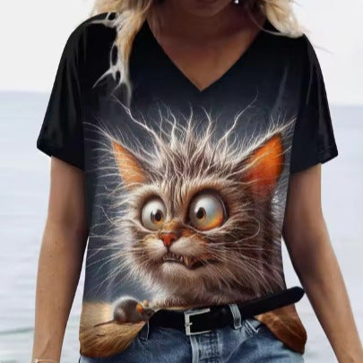 Women's Summer Cat Print Casual Short Sleeve Round Shirt Loose Clothing