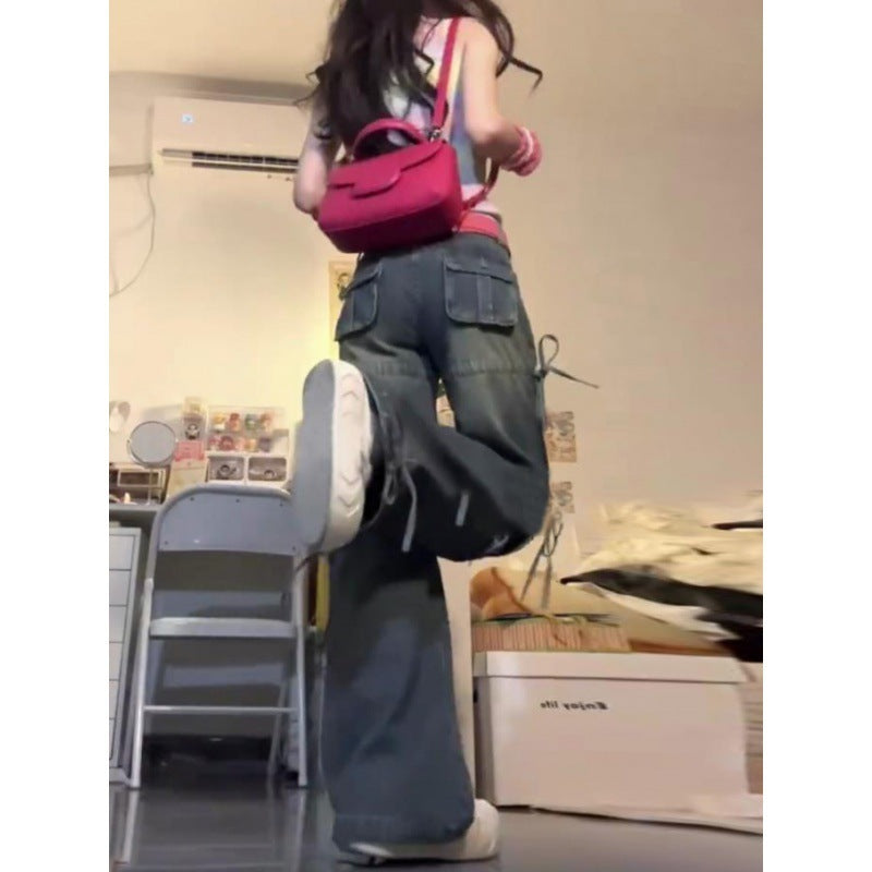 Plus Size Washed-out Vintage Multi-pocket Workwear Jeans For Women