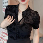 New Summer Black Mesh Short Sleeve Shirt For Women